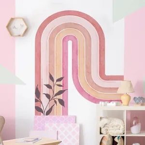Große Boho Rosa Regenbogen Bogen Wandtattoo Mit Pflanzenblättern PVC Selbstklebend Aufkleber Für Kinderzimmer Kindergarten Deko