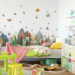 Self-adhesive green plants wall stickers with woodland animals and trees for home decor