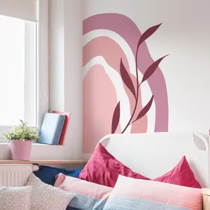Bohemian rainbow arch wall sticker with deep red leaf branch for bedroom decoration