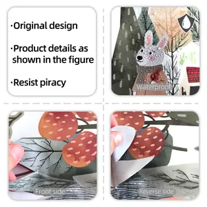Detail of waterproof matte wall sticker with rabbit and forest illustration and adhesive back