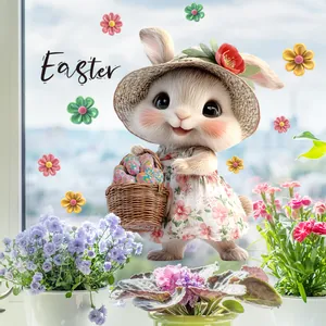 Pegatina de ventana conejo de Pascua 3D con huevos de colores y flores decorativas