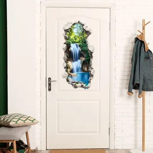 Makro-Detail von 3D-Wasserfall-Wald-Wandtattoo mit kreativem Durchbruch-Wandeffekt