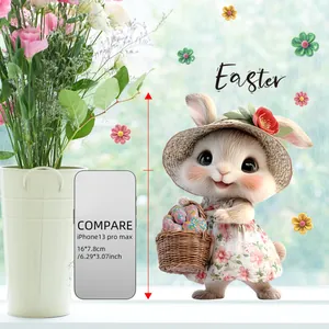 Pegatina de ventana de conejo de Pascua con flores y texto sobre cristal