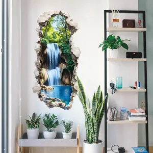 3D-Waldwasserfall-Wandtattoo mit realistischem Mauerdurchbruch-Effekt für Wohnzimmer