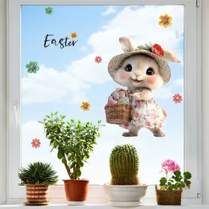 Pegatinas estáticas de Pascua con conejo y flores para decoración de vidrios dobles