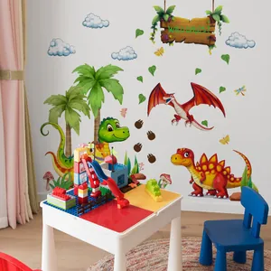 Cartoon dinosaur wall stickers set with palm trees and clouds for kids bedroom decor