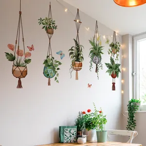 Fresh hanging potted plant wall decals with butterflies for living room home decoration