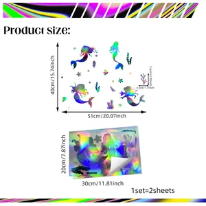 Laser gradient mermaid wall stickers set with holographic PVC effect and ocean patterns