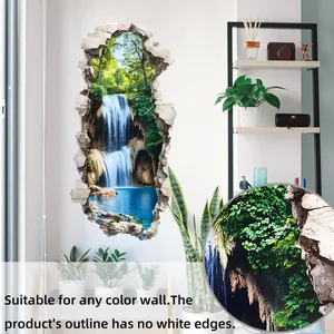 Makrodetail des 3D-Wasserfall-Wandtattoos mit nahtlosen Kanten und lebendigen grünen Farben