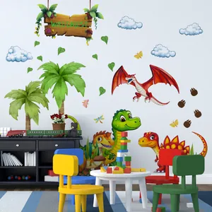 Vibrant cartoon dinosaur wall stickers set with palm trees and Wild Dinos text for kids room