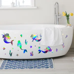 Iridescent Mermaid Wall Stickers Holographic Laser Sea Life Decals Waterproof PVC Stickers For Kids Bathroom Bedroom Decor