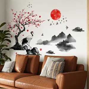 Sticker Mural Style Peinture à l'Encre de Chine PVC Auto-Adhésif Grue Fleur de Prunier Montagne Soleil pour Salon Chambre