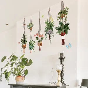 Self-adhesive wall stickers with hanging potted plants and colorful butterflies for home
