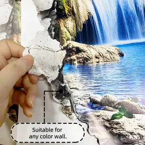 Detail der 3D-Landschaft Wandaufkleber zeigt Abziehvorgang und Natur-Wasserfall-Design