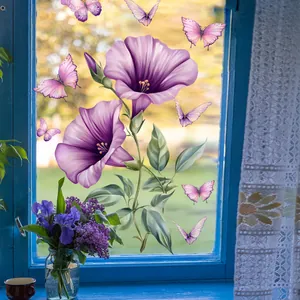 Realistic purple floral and butterfly static window clings for decorative glass display