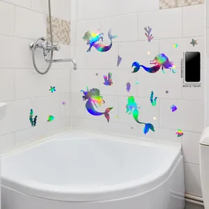 Iridencent laser mermaid wall stickers set with colorful gradient effect on bathroom tiles