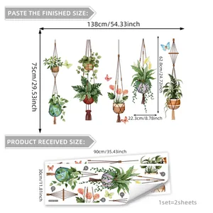 Potted hanging green plant wall stickers with butterfly accents, PVC decal for home decor