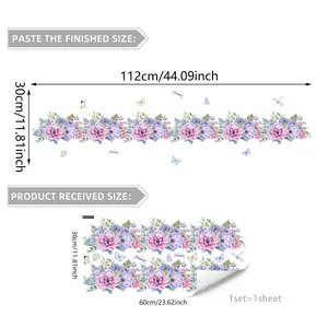 Detailed size chart for floral PVC wall stickers showing layout and finished dimensions