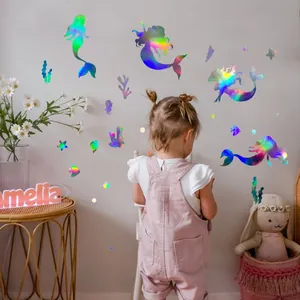 Holographic mermaid wall decals with rainbow laser effect for nursery room decor