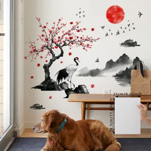 Sticker mural peinture chinoise avec fleurs de prunier rouges et grue pour décor