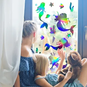 Laser gradient mermaid wall stickers for children showing iridescent ocean scene on window