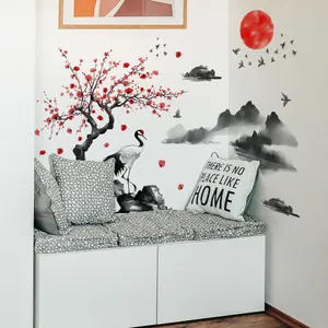 Sticker mural style peinture à l'encre avec fleurs de prunier et grues décor