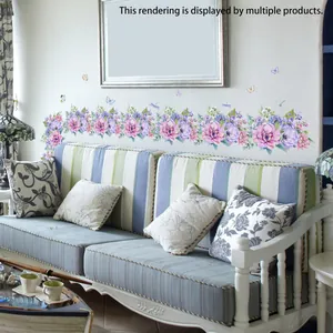 Watercolor floral wall decals with green leaves and butterflies for living room decor