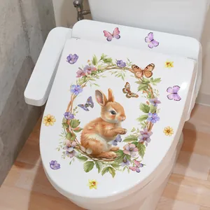 Cute Cartoon Rabbit Flower Wreath Butterfly Toilet Seat Sticker Removable PVC Self Adhesive Home Decor Wall Decal For Bathroom