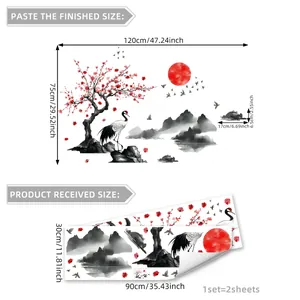 Stickers muraux grue et fleurs de prunier style lavis pour décor de salon