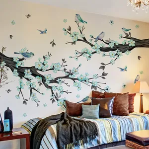 Blue Flower Bird Tree Branch Wall Stickers Large Removable PVC Self-Adhesive Wall Decals For Living Room Bedroom Home Decor