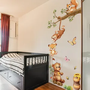 Cartoon forest animals wall decals with monkeys and bears for kids bedroom decor