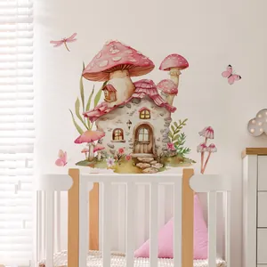 Detail of watercolor mushroom house wall decal with butterflies for nursery room decor
