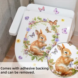 Adhesive wall sticker with rabbit and flower wreath design on white toilet seat lid