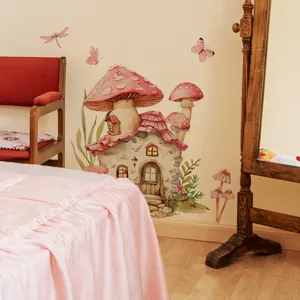 Detailed watercolor cartoon mushroom house wall sticker with pink butterflies and dragonflies