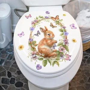 Self-adhesive floral bunny wall sticker for toilet lid decoration with butterfly accents