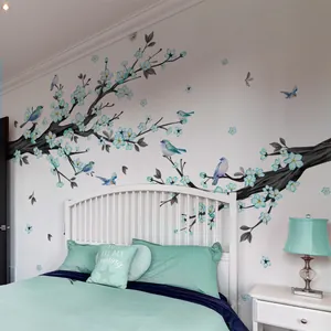 Blue floral branch wall sticker with birds for bedroom and living room decor