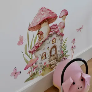 Watercolor mushroom house wall stickers for kids room with pink butterfly decor