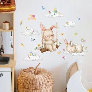 Stickers muraux lapin et nuages phosphorescents pour chambre d'enfant style aquarelle