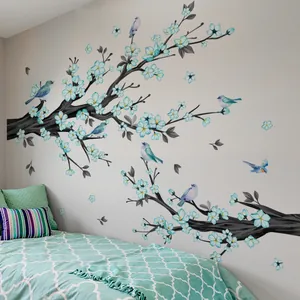 Blue floral tree branches wall stickers with birds for bedroom and living room decor