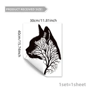 Sticker mural silhouette chat et branches, autocollant noir décoratif de 30x40cm