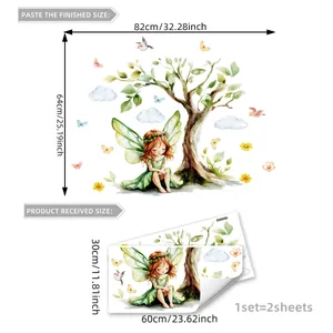 Watercolor forest fairy wall stickers with tree birds and butterflies for kids room decor