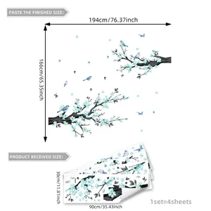 Blue floral branches wall stickers showing set of 4 sheets and finished layout dimensions