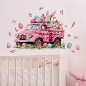Sticker mural pour chambre de bébé avec camion rose de Pâques, lapin et œufs décoratifs