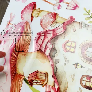 Detail of self-adhesive watercolor mushroom sticker being peeled from the surface