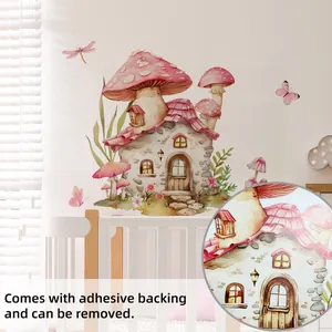 Detail showing self-adhesive watercolor mushroom house wall stickers for kids nursery rooms