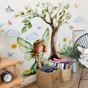 Watercolor fairy and green tree wall decals for nursery background wall decoration