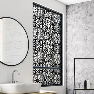 Minimalist black and white mandala patterned privacy window film with floral geometry