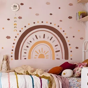 Boho Arc-En-Ciel Nuages Stickers Muraux PVC Autocollants Amovibles Pour Chambre D'Enfant Tons Terre Soleil Pois Fond Papier Peint