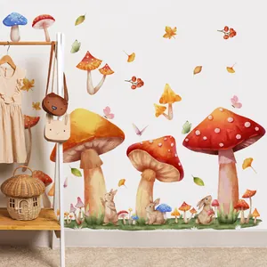 Watercolor mushroom house wall stickers with rabbits and butterflies for nursery decor