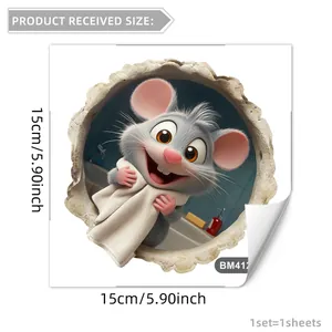 3D cartoon wall sticker featuring a cute mouse in a hole for bathroom decor, 15x15cm